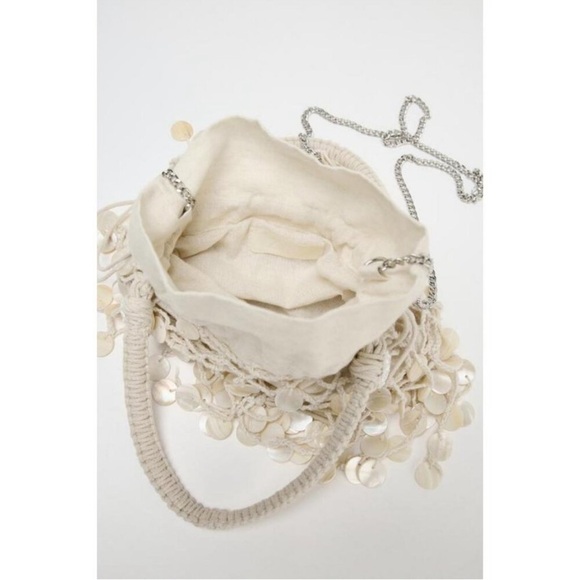 Zara Pearlescent Shell Beaded Bucket Bag Mini Cream Coastal Resort Blogger NWT - Picture 6 of 13